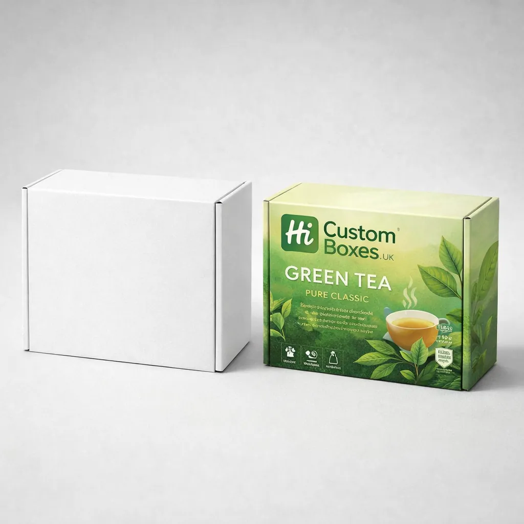 A white mailer box next to a printed version featuring green tea leaves and a cup. class=